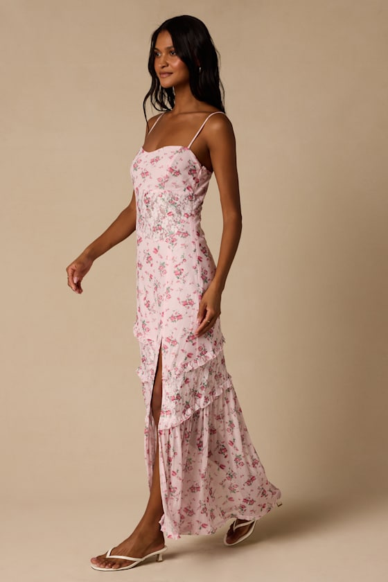 Kasha Light Pink Floral Asymmetrical Maxi Dress