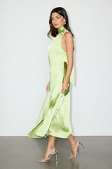 Reglan Lime Satin One-Shoulder Sash Midi Dress