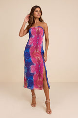 Bethany Blue Multi Clip Dot Strapless Cutout Midi Dress