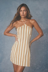 Madelia Tan Striped Halter Mini Dress