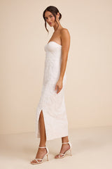 Beyza White Sequin Beaded Strapless Midi Dress