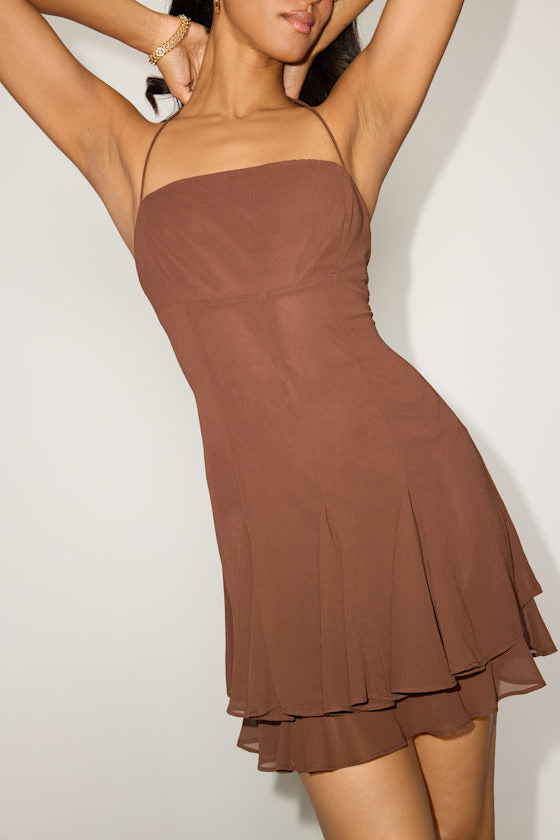 Perfected Sweetness Brown Pleated Tiered Mini Dress
