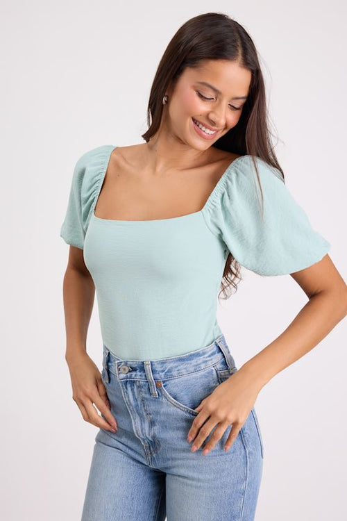 Abundance of Love Mint Textured Puff Sleeve Tie-Back Bodysuit
