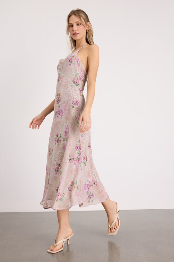 Antonella Blush Leopard Floral Print Halter Midi Dress