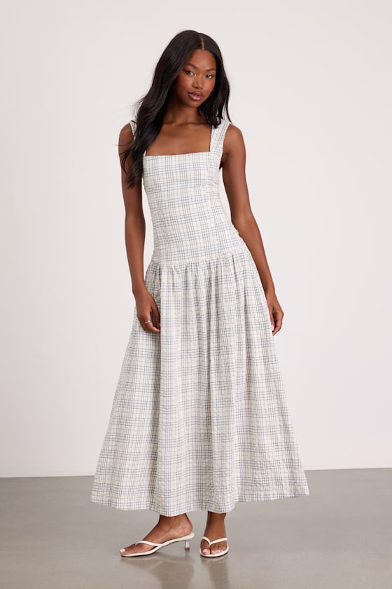 Matilda White Plaid Drop Waist Midi Dress