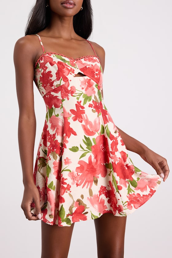 Kylie Cream and Red Floral Skater Mini Dress