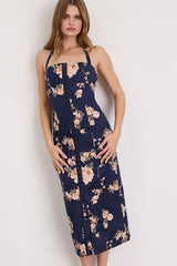 Arrosa Navy Floral Halter Midi Dress