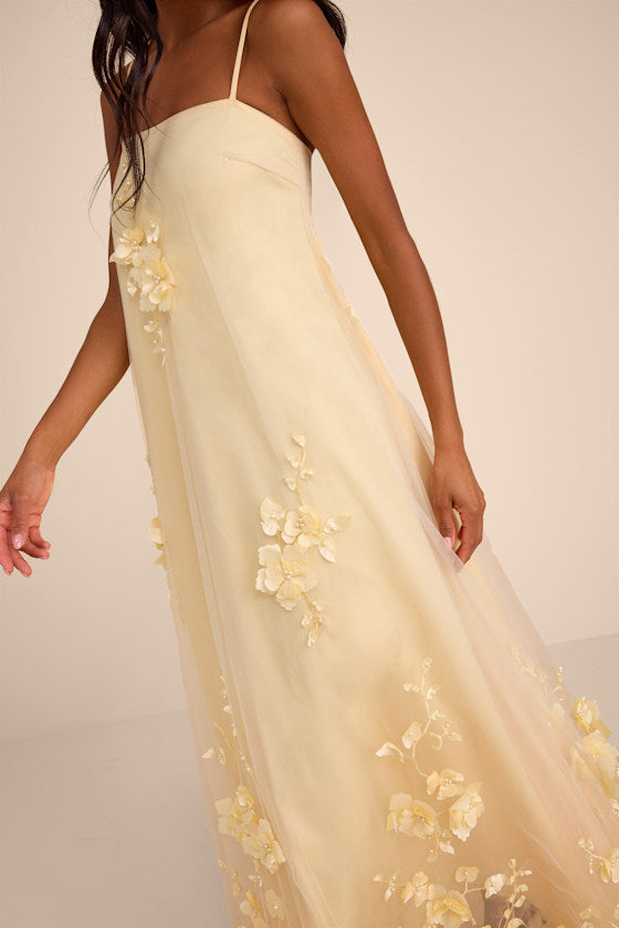 Allie Light Yellow Floral Applique Shift Maxi Dress