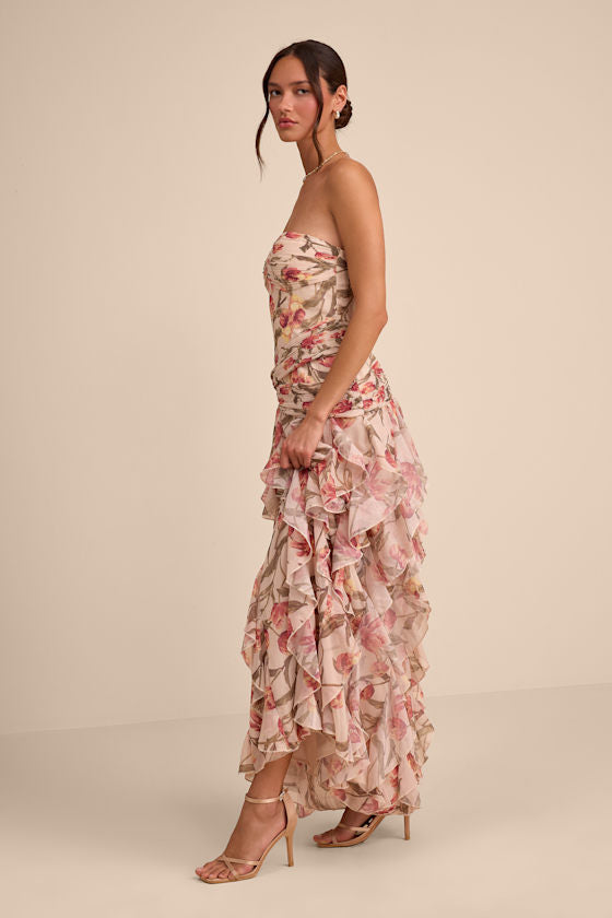 Danna Cream Multi Floral Ruffled Maxi Dress