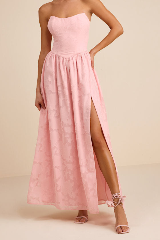 Kalila Light Pink Floral Burnout Strapless Maxi Dress