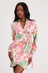 Darine Ivory Multi Boho Print Wrap Mini Dress
