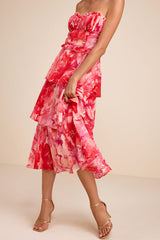 Vaya Red Multi Floral Tiered Midi Dress