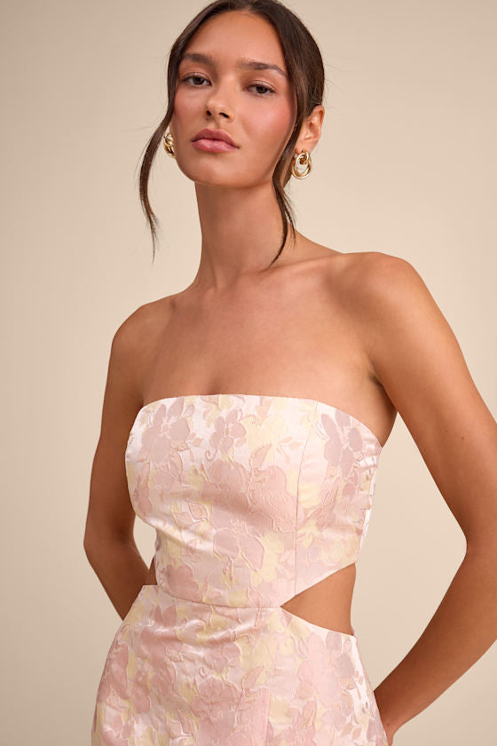 Nathania Blush Floral Jacquard Strapless Bubble-Hem Maxi Dress