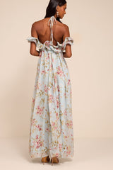 Amia Light Blue Floral Ruffled Shift Maxi Dress