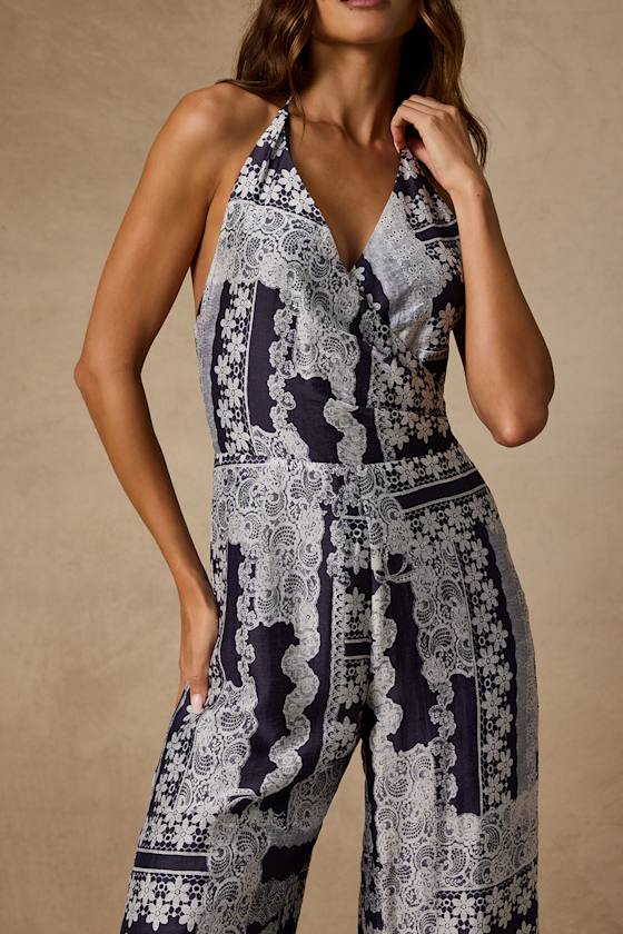 Arlee Navy and White Lace Print Wide-Leg Jumpsuit