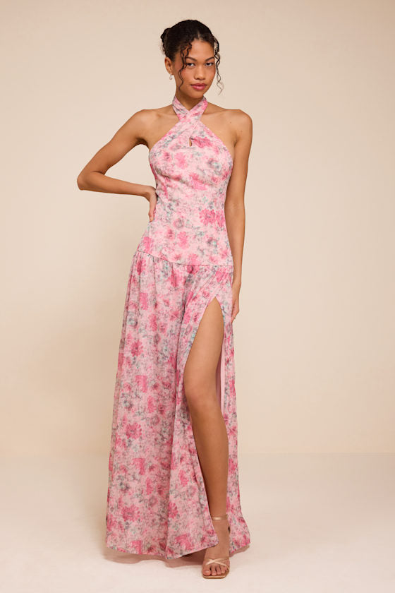 Amoah Light Pink Floral Drop Waist Maxi Dress