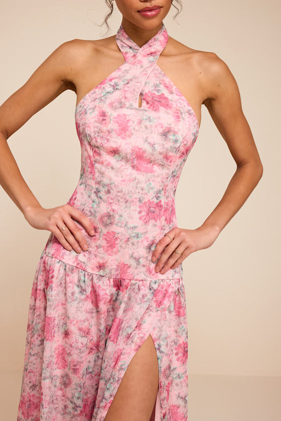 Amoah Light Pink Floral Drop Waist Maxi Dress