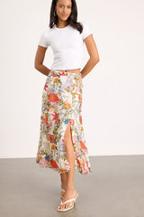 Bliss Me Ivory Multi Floral Print Midi Skirt