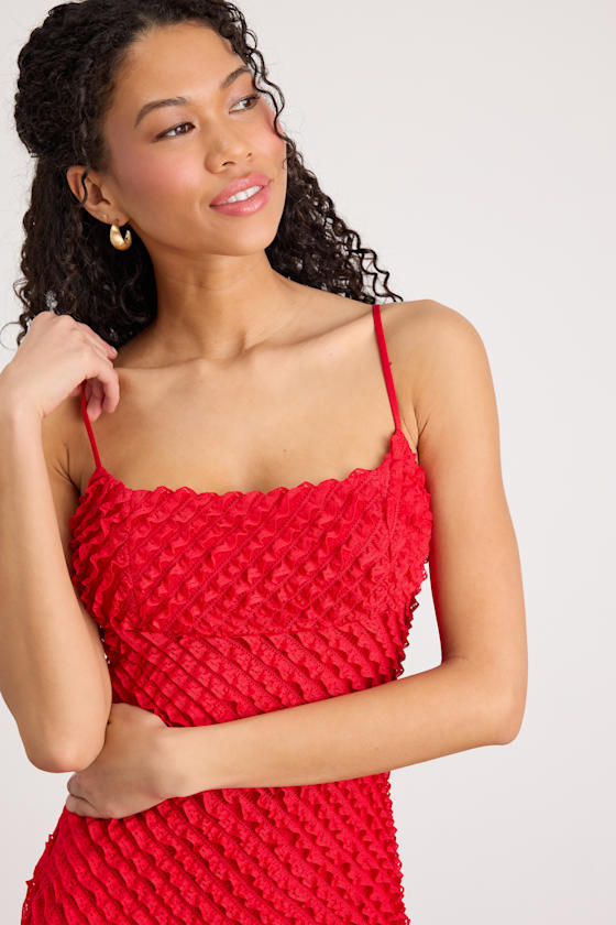 Noria Red Ruffled Lace Slip Midi Dress