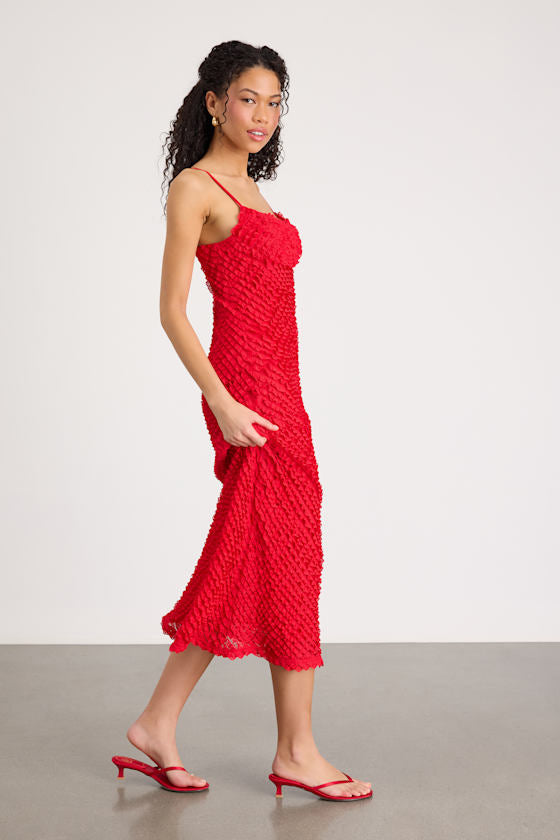 Noria Red Ruffled Lace Slip Midi Dress