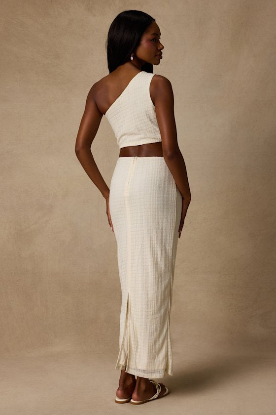 Camelia Cream Textured One-Shoulder Maxi Dress