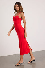 Dalene Red Jersey Knit Bodycon Midi Dress
