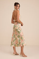 Belin Sage Multi Floral Satin Backless Midi Dress