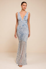 Jamie Light Blue Floral Mesh Sheer Hem Maxi Dress