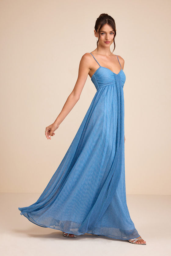Irina Blue Lurex Plisse Sleeveless Maxi Dress