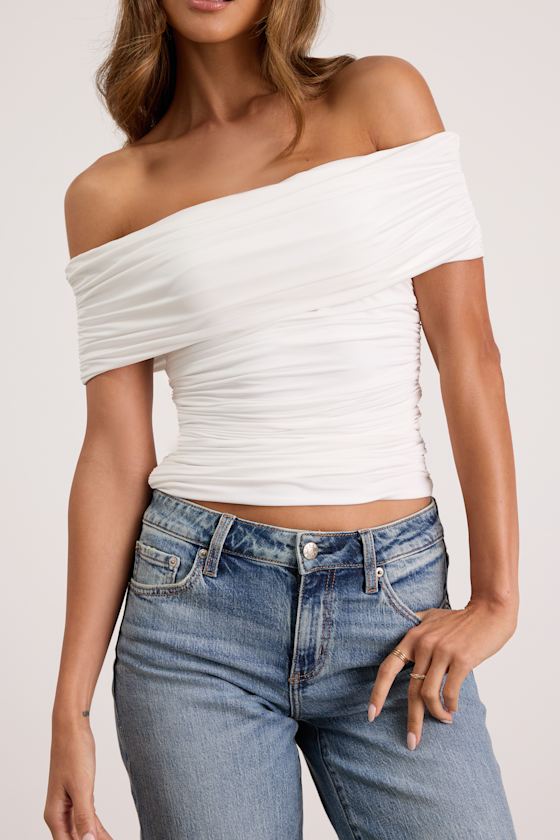 Jarena White Ruched Off-the-Shoulder Top