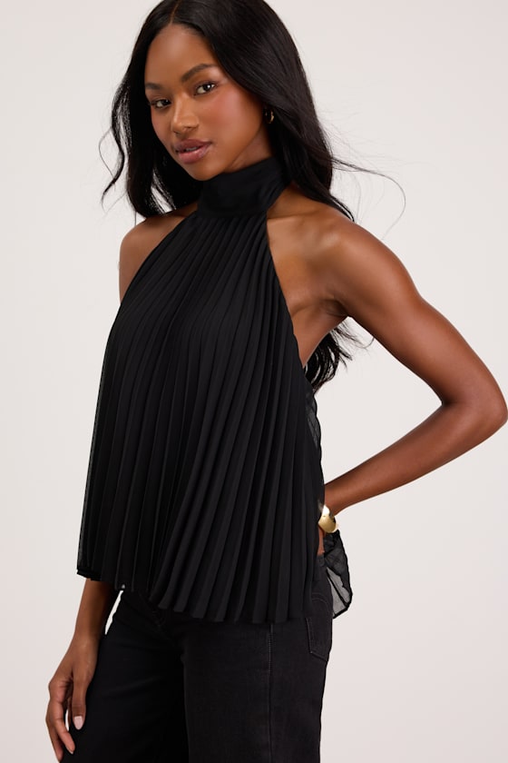 Twyla Black Pleated Halter Tank Top