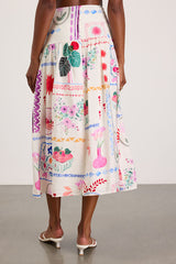 Fabella White Multi Print Textured Midi Skirt