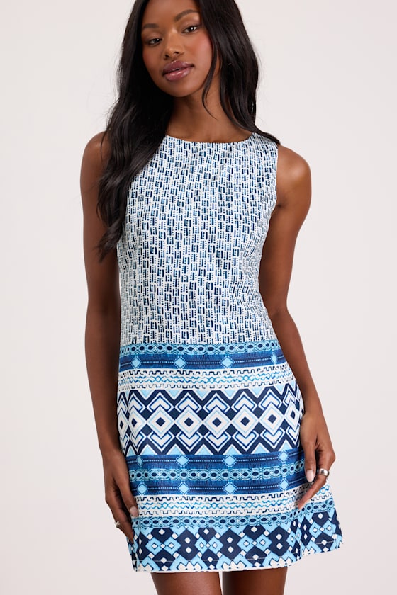 Leabella White and Blue Geo Print Satin Mini Dress