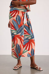 Blake Orange Multi Leaf Print Faux-Wrap Midi Skirt