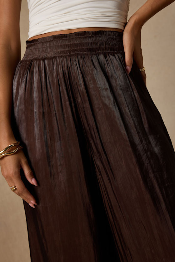 Cynthia Dark Brown Satin Wide-Leg Pants