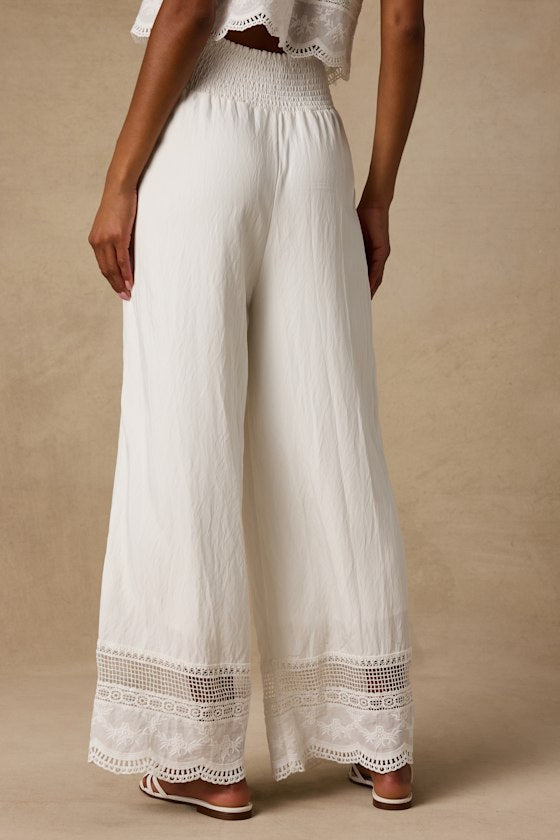Parisa White Cotton Crochet Lace Wide-Leg Pants