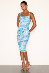 Date Night Beauty Light Blue Floral Print Mesh Ruched Midi Dress