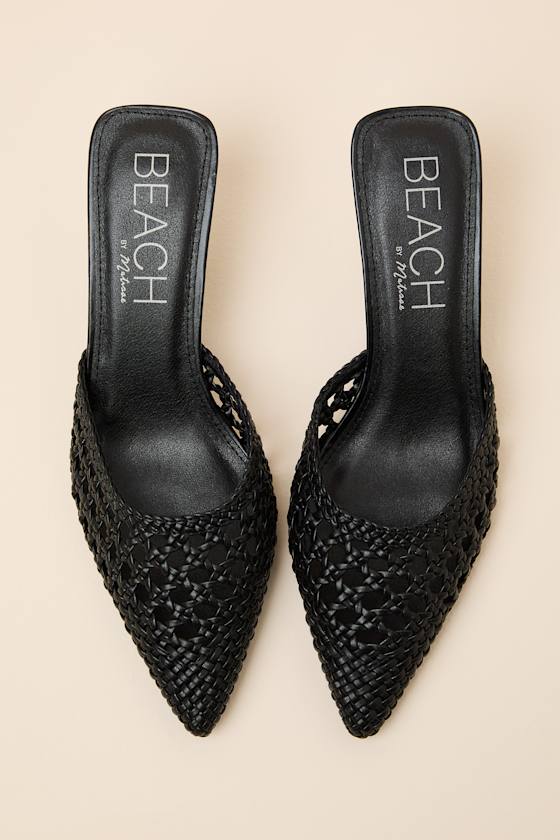 Tia Black Woven Pointed-Toe Mule Pumps