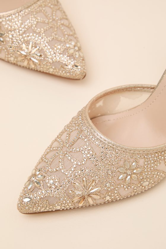 Fierria Champagne Rhinestone Pointed-Toe Ankle Strap Pumps