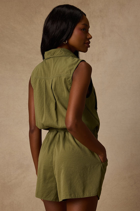 Ira Olive Green Collared Drawstring Romper