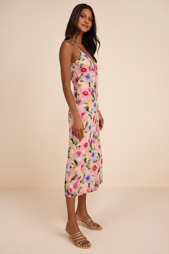 Jovany Pink Multi Floral Jacquard Slip Midi Dress