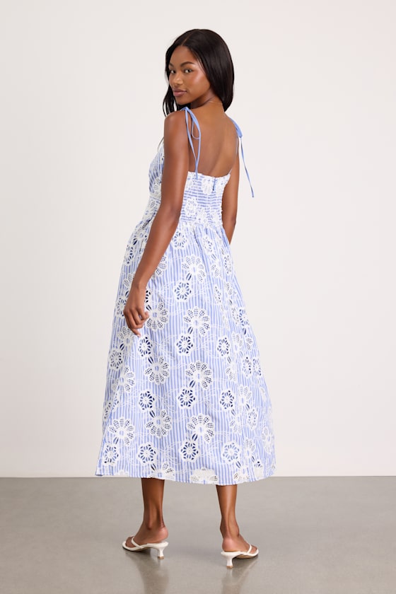 Shilah Blue Striped Floral Tie-Strap Midi Dress