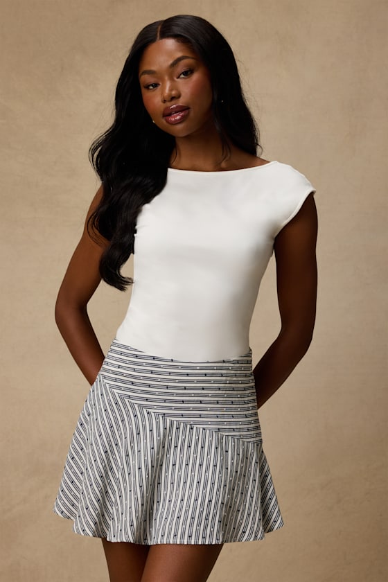 Paulette Ivory and Navy Striped Skater Mini Skirt