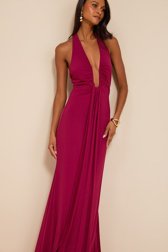 Dorena Berry Red Jersey Knit Halter Sash Maxi Dress