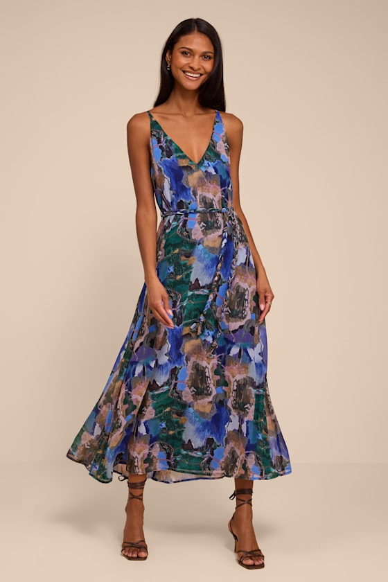 Denay Blue Multi Floral V-Neck Midi Dress