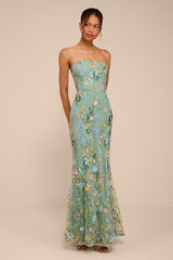 Stefanie Dark Sage Floral Embroidered Mermaid Maxi Dress