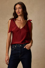 Denia Wine Red Satin V-Neck Tank Top