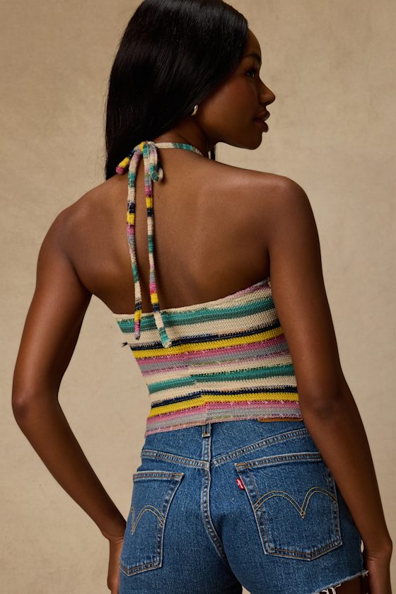 Thara Beige Multi Striped Crochet Halter Top