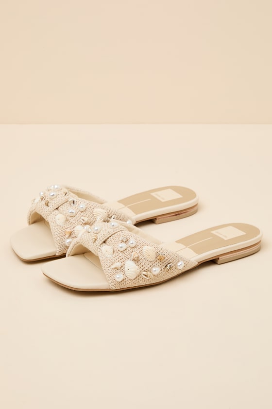 Lizza Oatmeal Raffia Beaded Slide Sandals