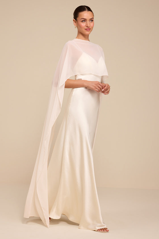 Mercedes White Satin Cape Wedding Dress